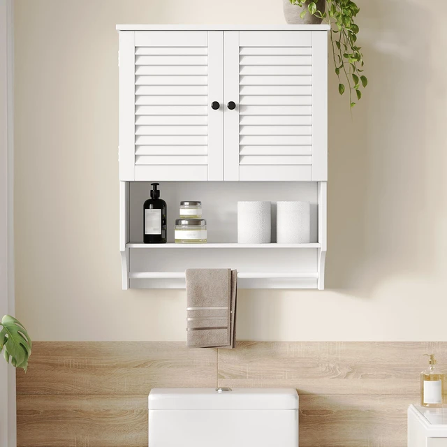 Alt view image 3 of 7 - Bathroom Wall Cabinet with Towel Bar and Ample Storage | 7.87"D x 23.62"W x 27.56"H MDF Medicine Cabinet, Over The Toilet Space Saver Storage Cabinet with Adjustable Shelf, White