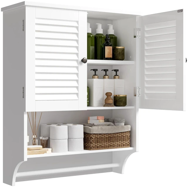 Main image of Bathroom Wall Cabinet with Towel Bar and Ample Storage | 7.87"D x 23.62"W x 27.56"H MDF Medicine Cabinet, Over The Toilet Space Saver Storage Cabinet with Adjustable Shelf, White