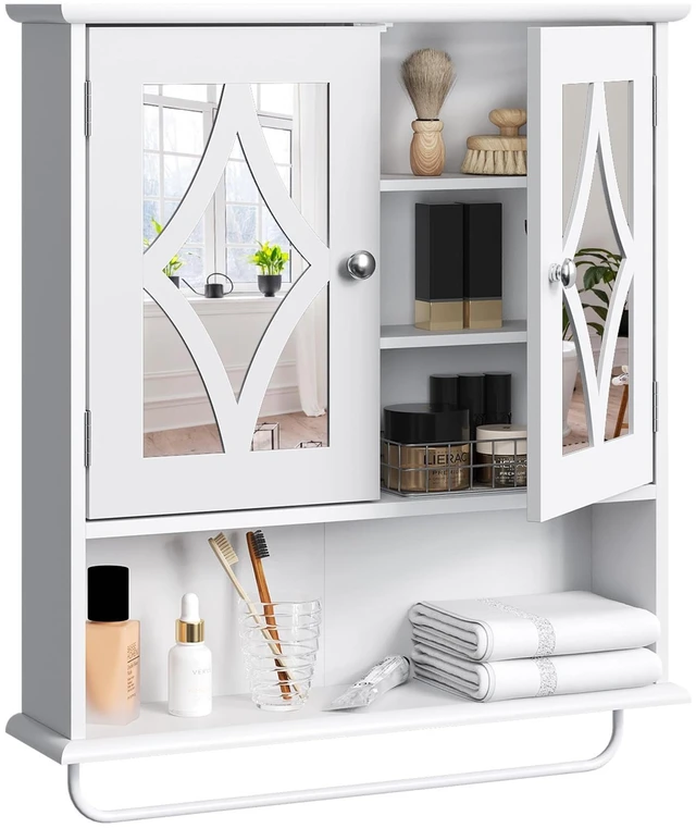 Main image of 22x25 Bathroom Medicine Cabinet with Mirror, Large Wood Wall Mounted Storage Cabinet with Shelves and Towel Bar, Over The Toilet Storage Cabinet for Bathroom, Laundry, Living Room, White