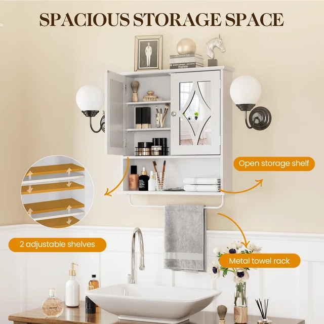 Alt view image 3 of 7 - 22x25 Bathroom Medicine Cabinet with Mirror, Large Wood Wall Mounted Storage Cabinet with Shelves and Towel Bar, Over The Toilet Storage Cabinet for Bathroom, Laundry, Living Room, White