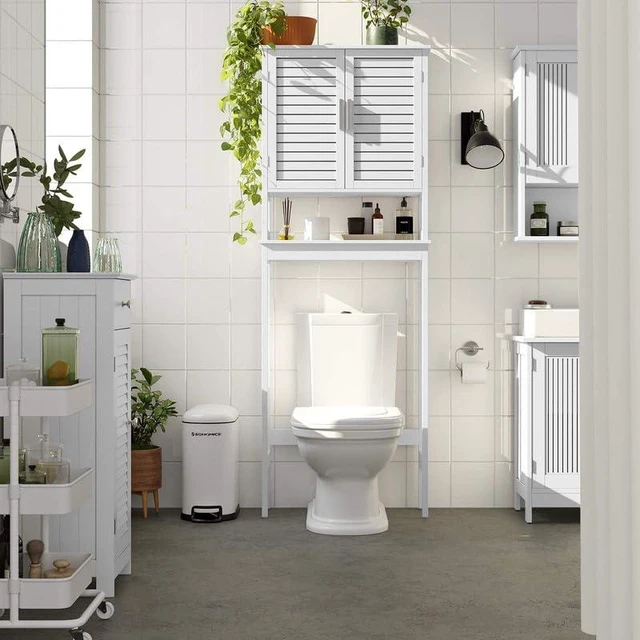 Alt view image 2 of 6 - Bamboo Over The Toilet Storage Cabinet, Adjustable Inside Shelf | Bathroom Cabinet, Space-Saving Toilet Rack, Bottom Stabilizer Bar, Cloud White, 9.1 x 23.6 x 68.1 Inches UBTS010W01