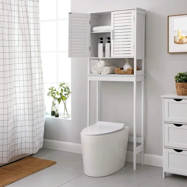 Alt view image 3 of 6 - Bamboo Over The Toilet Storage Cabinet, Adjustable Inside Shelf | Bathroom Cabinet, Space-Saving Toilet Rack, Bottom Stabilizer Bar, Cloud White, 9.1 x 23.6 x 68.1 Inches UBTS010W01