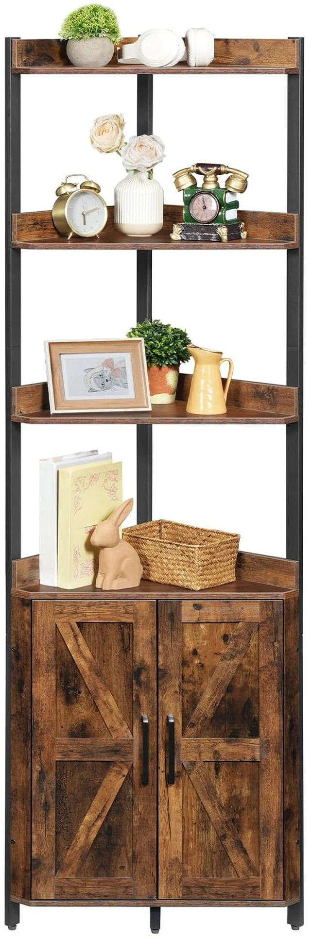 Main image of Corner Shelf with Storage, Tall Corner Cabinet, 5-Tier Bookshelf Stand, Storage Cabinet with Protective Fence, for Living Room, Rustic Brown and Black BF78CJ01