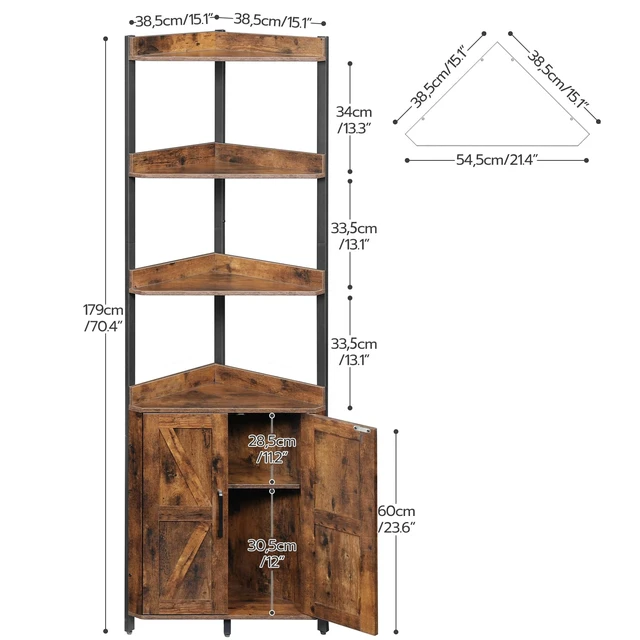Alt view image 3 of 7 - Corner Shelf with Storage, Tall Corner Cabinet, 5-Tier Bookshelf Stand, Storage Cabinet with Protective Fence, for Living Room, Rustic Brown and Black BF78CJ01