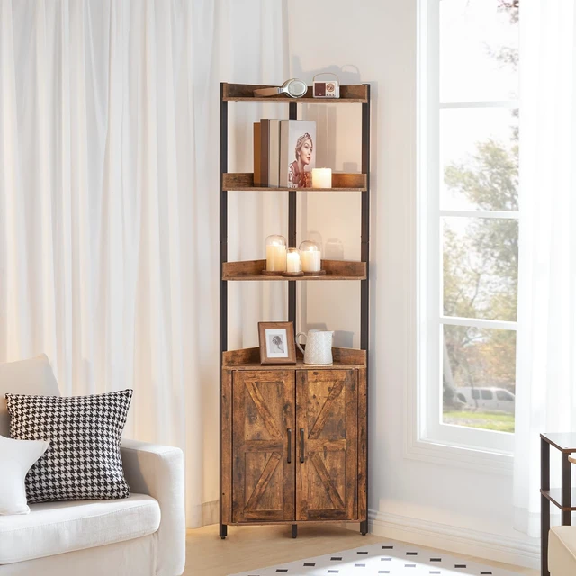 Alt view image 2 of 7 - Corner Shelf with Storage, Tall Corner Cabinet, 5-Tier Bookshelf Stand, Storage Cabinet with Protective Fence, for Living Room, Rustic Brown and Black BF78CJ01