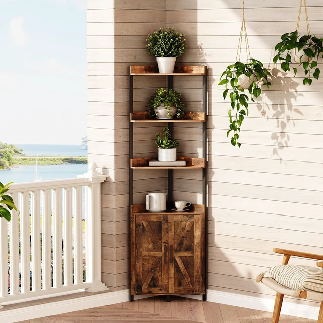Alt view image 4 of 7 - Corner Shelf with Storage, Tall Corner Cabinet, 5-Tier Bookshelf Stand, Storage Cabinet with Protective Fence, for Living Room, Rustic Brown and Black BF78CJ01
