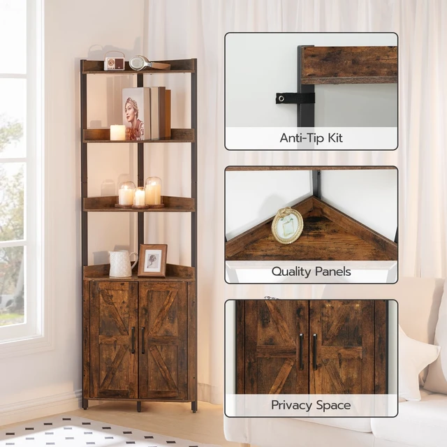 Alt view image 5 of 7 - Corner Shelf with Storage, Tall Corner Cabinet, 5-Tier Bookshelf Stand, Storage Cabinet with Protective Fence, for Living Room, Rustic Brown and Black BF78CJ01