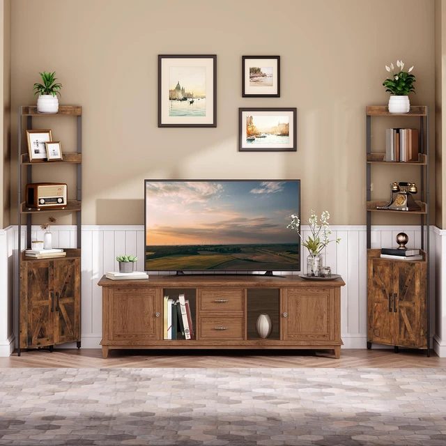 Alt view image 7 of 7 - Corner Shelf with Storage, Tall Corner Cabinet, 5-Tier Bookshelf Stand, Storage Cabinet with Protective Fence, for Living Room, Rustic Brown and Black BF78CJ01