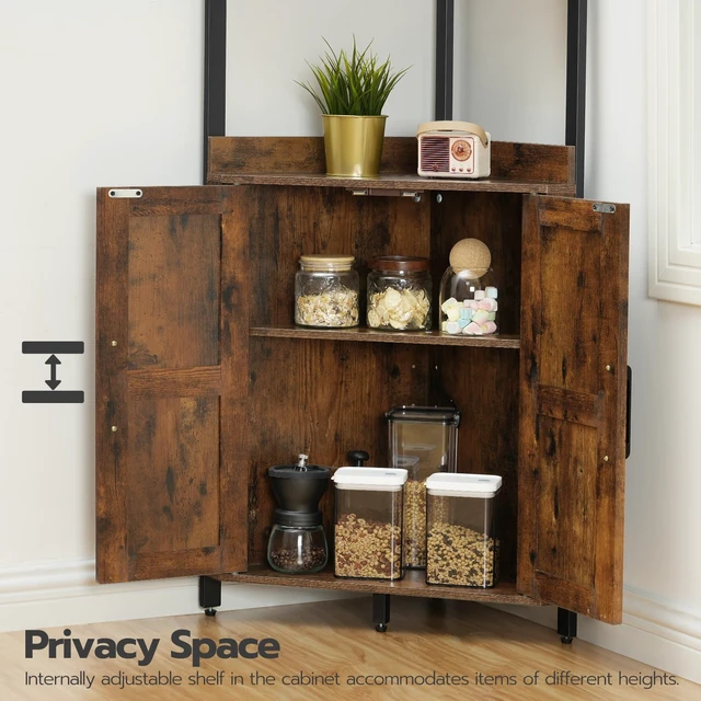 Alt view image 6 of 7 - Corner Shelf with Storage, Tall Corner Cabinet, 5-Tier Bookshelf Stand, Storage Cabinet with Protective Fence, for Living Room, Rustic Brown and Black BF78CJ01