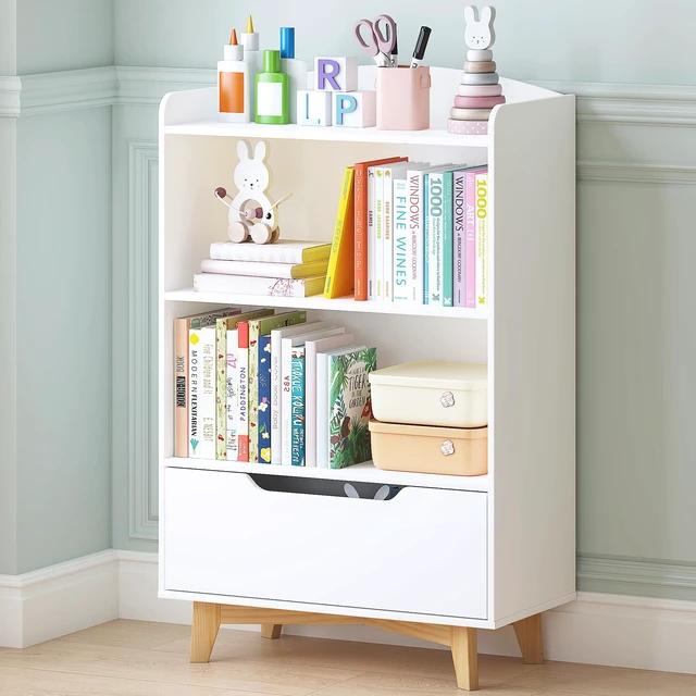 Main image of Kids Bookshelf, Children Bookcases with Drawer, Toy Storage Organizer | Corner Book Shelf for Kids Rooms, Solid Wood Legs, Perfect Height for Toddler, Bedroom, Playroom, Nursery, Kids Gift, White