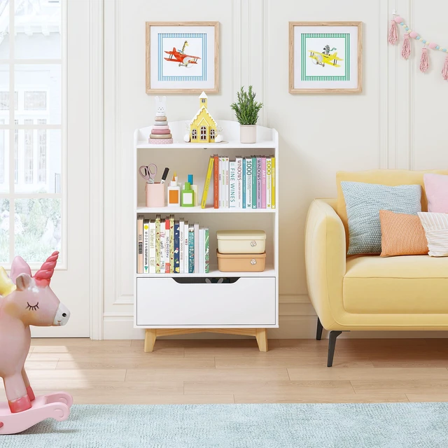 Alt view image 3 of 7 - Kids Bookshelf, Children Bookcases with Drawer, Toy Storage Organizer | Corner Book Shelf for Kids Rooms, Solid Wood Legs, Perfect Height for Toddler, Bedroom, Playroom, Nursery, Kids Gift, White