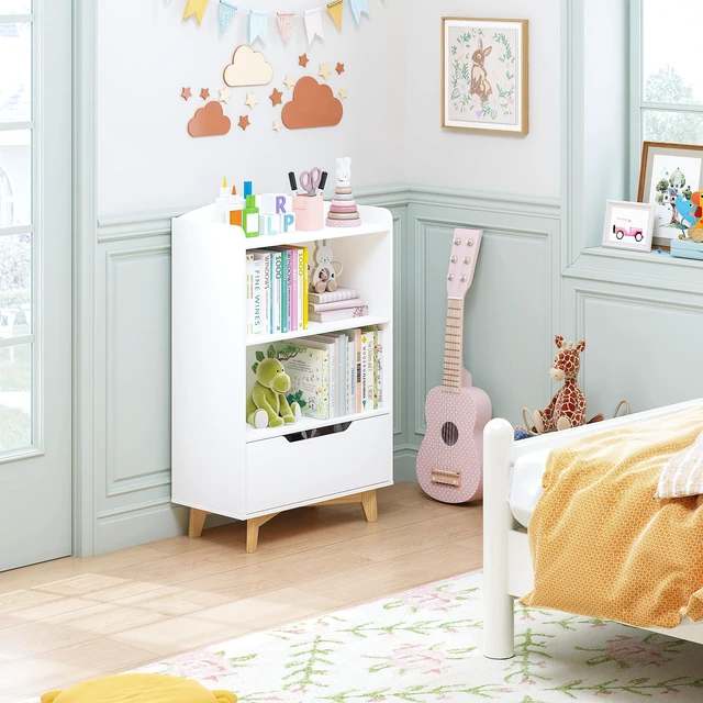 Alt view image 4 of 7 - Kids Bookshelf, Children Bookcases with Drawer, Toy Storage Organizer | Corner Book Shelf for Kids Rooms, Solid Wood Legs, Perfect Height for Toddler, Bedroom, Playroom, Nursery, Kids Gift, White