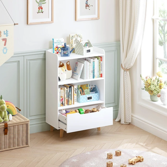 Alt view image 2 of 7 - Kids Bookshelf, Children Bookcases with Drawer, Toy Storage Organizer | Corner Book Shelf for Kids Rooms, Solid Wood Legs, Perfect Height for Toddler, Bedroom, Playroom, Nursery, Kids Gift, White