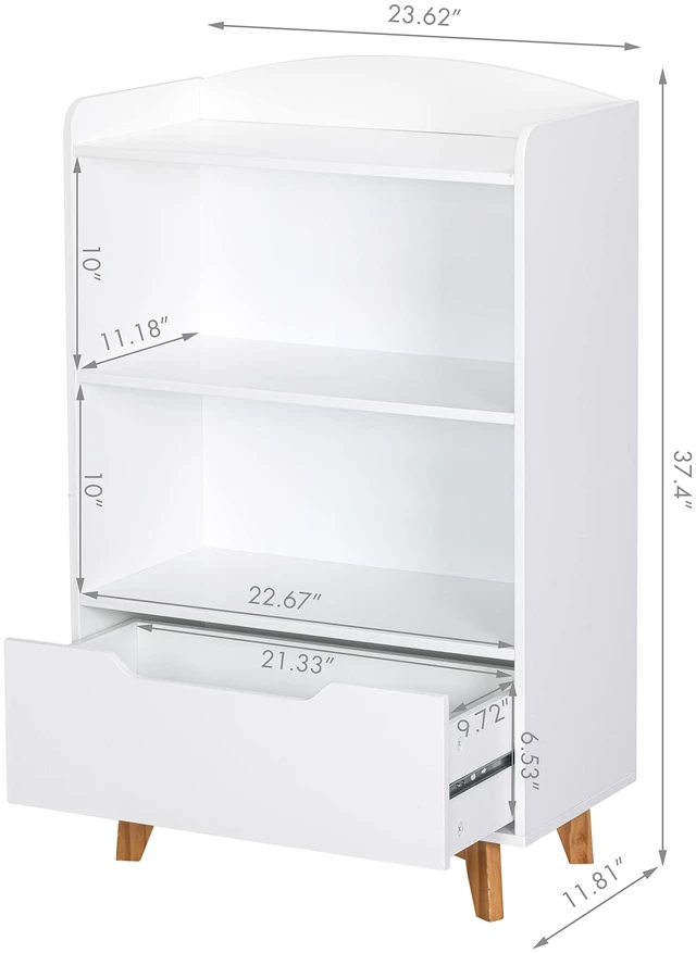 Alt view image 5 of 7 - Kids Bookshelf, Children Bookcases with Drawer, Toy Storage Organizer | Corner Book Shelf for Kids Rooms, Solid Wood Legs, Perfect Height for Toddler, Bedroom, Playroom, Nursery, Kids Gift, White