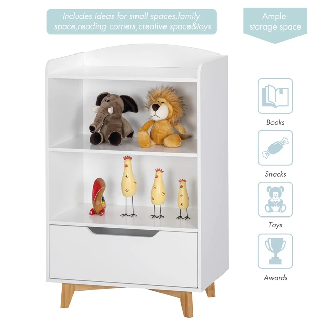 Alt view image 7 of 7 - Kids Bookshelf, Children Bookcases with Drawer, Toy Storage Organizer | Corner Book Shelf for Kids Rooms, Solid Wood Legs, Perfect Height for Toddler, Bedroom, Playroom, Nursery, Kids Gift, White