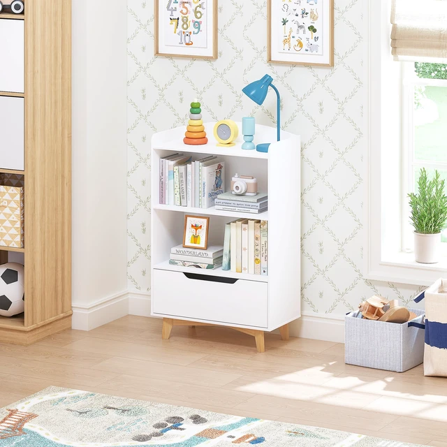 Alt view image 6 of 7 - Kids Bookshelf, Children Bookcases with Drawer, Toy Storage Organizer | Corner Book Shelf for Kids Rooms, Solid Wood Legs, Perfect Height for Toddler, Bedroom, Playroom, Nursery, Kids Gift, White