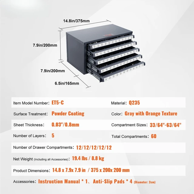 Alt view image 7 of 7 - Drill Bit Dispenser Cabinet, Five-Drawer Drill Bit Dispenser, 1/2" Reduced Shank Drill Bit Organizer Cabinet, Drill Dispenser Organizer Cabinet for Sizes 33/64" to 63/64" in 1/64" Increments