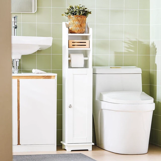 Main image of Toilet Paper Storage Cabinet, 7.8 x 9 x 39 in, White | Skinny Narrow Bathroom Storage Cabinet With Paper Holder, Compact Unit For Tiny Restroom Limited Space, FRG177-W