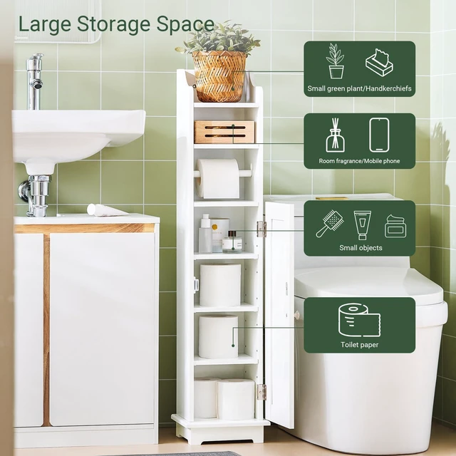 Alt view image 3 of 7 - Toilet Paper Storage Cabinet, 7.8 x 9 x 39 in, White | Skinny Narrow Bathroom Storage Cabinet With Paper Holder, Compact Unit For Tiny Restroom Limited Space, FRG177-W