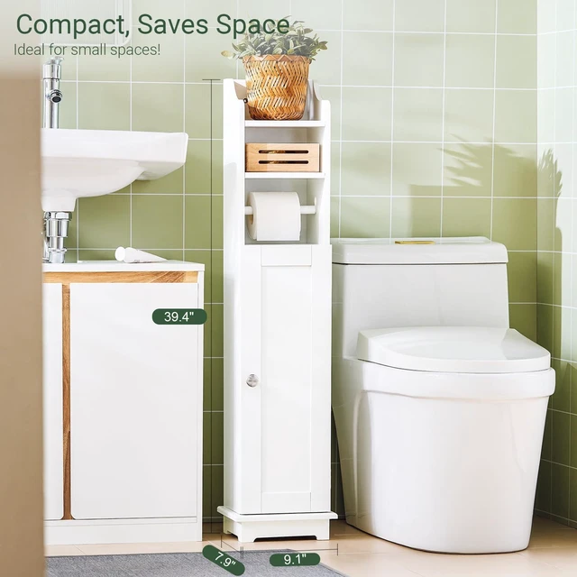 Alt view image 4 of 7 - Toilet Paper Storage Cabinet, 7.8 x 9 x 39 in, White | Skinny Narrow Bathroom Storage Cabinet With Paper Holder, Compact Unit For Tiny Restroom Limited Space, FRG177-W