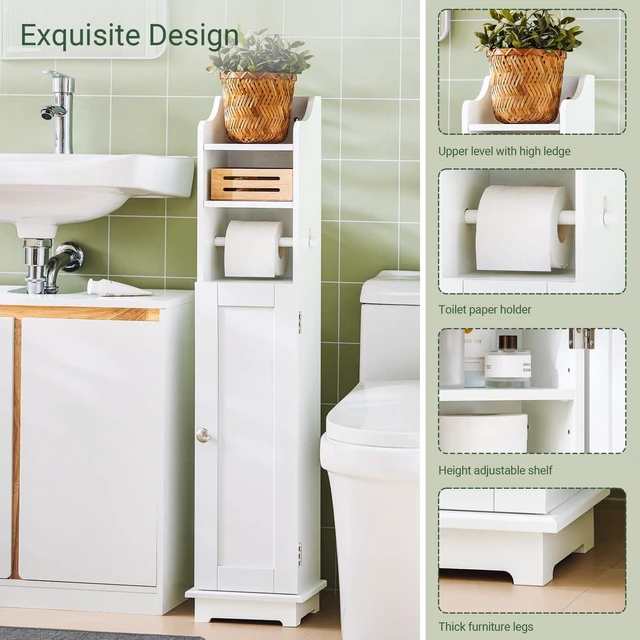 Alt view image 5 of 7 - Toilet Paper Storage Cabinet, 7.8 x 9 x 39 in, White | Skinny Narrow Bathroom Storage Cabinet With Paper Holder, Compact Unit For Tiny Restroom Limited Space, FRG177-W