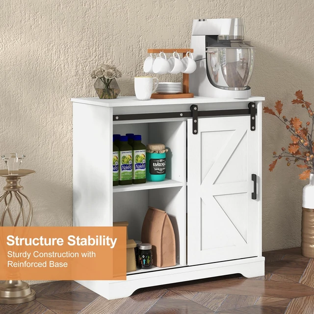 Alt view image 3 of 7 - Sliding Barn Door Buffet Sideboard Storage Cabinet Coffee Bar Kitchen Farmhouse Style (White)