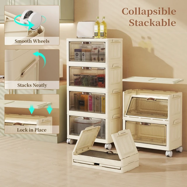 Alt view image 6 of 7 - 4 Tier Stackable Storage Bins with Lid and Wheels, Storage Cabinet | 48QT Plastic Collapsible Organizer Box for Easy Storage and Organization for Living Room, Office