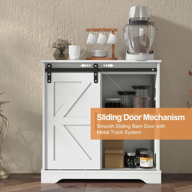 Alt view image 2 of 7 - Sliding Barn Door Buffet Sideboard Storage Cabinet Coffee Bar Kitchen Farmhouse Style (White)