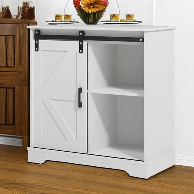Alt view image 5 of 7 - Sliding Barn Door Buffet Sideboard Storage Cabinet Coffee Bar Kitchen Farmhouse Style (White)