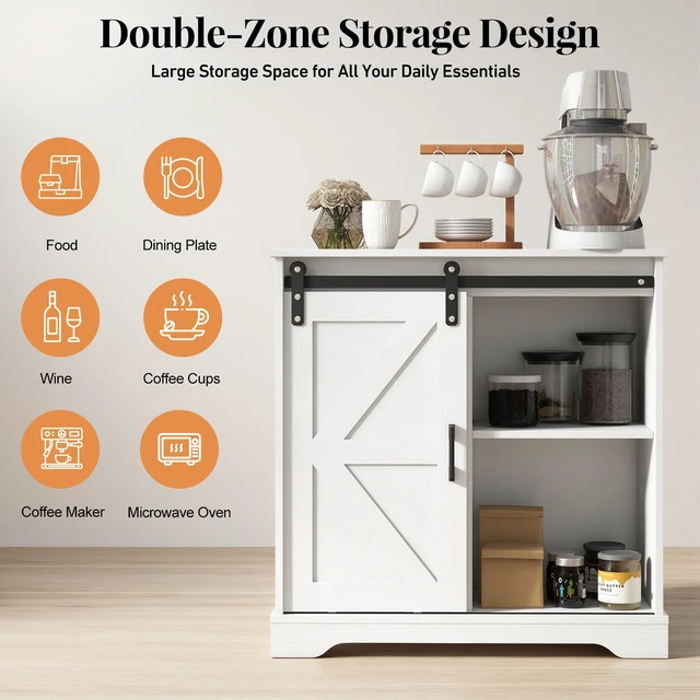 Alt view image 4 of 7 - Sliding Barn Door Buffet Sideboard Storage Cabinet Coffee Bar Kitchen Farmhouse Style (White)