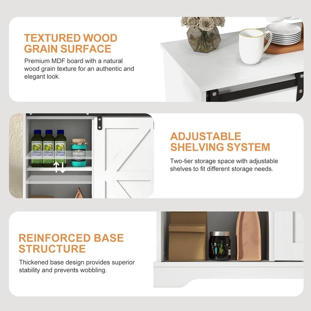 Alt view image 6 of 7 - Sliding Barn Door Buffet Sideboard Storage Cabinet Coffee Bar Kitchen Farmhouse Style (White)