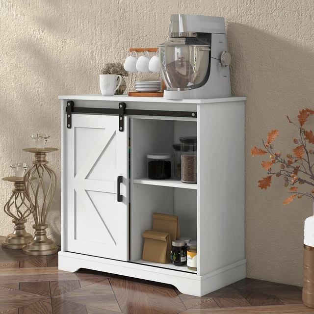 Alt view image 7 of 7 - Sliding Barn Door Buffet Sideboard Storage Cabinet Coffee Bar Kitchen Farmhouse Style (White)