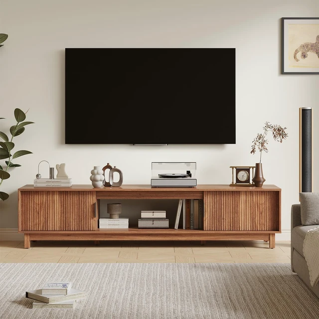 Alt view image 2 of 7 - 70" Mid Century Modern TV Stand, Mocha Brown Wood Entertainment Center with Storage Cabinets, Media Console Table with Straight Legs & Cable Management for Living Room, Bedroom, Office