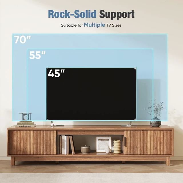 Alt view image 7 of 7 - 70" Mid Century Modern TV Stand, Mocha Brown Wood Entertainment Center with Storage Cabinets, Media Console Table with Straight Legs & Cable Management for Living Room, Bedroom, Office