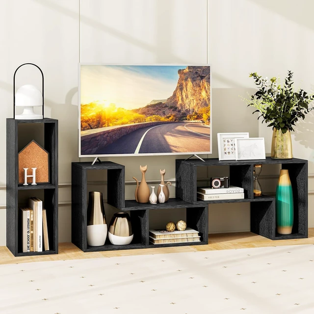 Alt view image 3 of 7 - 3 Pieces Console TV Stand, Free-Combination Entertainment Center for 50 55 60 65 Inch TV, Minimalist Modern TV Table Media Stand, DIY Open Storage Bookcase for Living Room (Black Wood Grain)