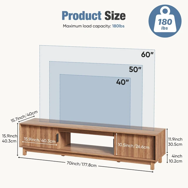 Alt view image 3 of 7 - 70" Mid Century Modern TV Stand, Mocha Brown Wood Entertainment Center with Storage Cabinets, Media Console Table with Straight Legs & Cable Management for Living Room, Bedroom, Office