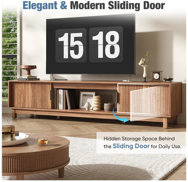 Alt view image 6 of 7 - 70" Mid Century Modern TV Stand, Mocha Brown Wood Entertainment Center with Storage Cabinets, Media Console Table with Straight Legs & Cable Management for Living Room, Bedroom, Office