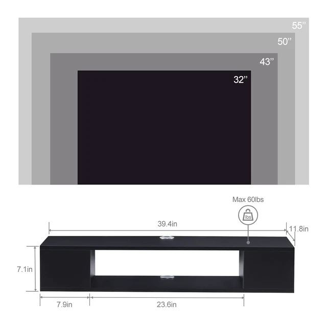 Alt view image 2 of 7 - Floating TV Stand, Wall Mounted Entertainment Center and Cabinet Shelf, TV Console with StorageMedia Console for DVD Player, Space-Saving Under TV Shelf for Bedroom, Living Room (Black)