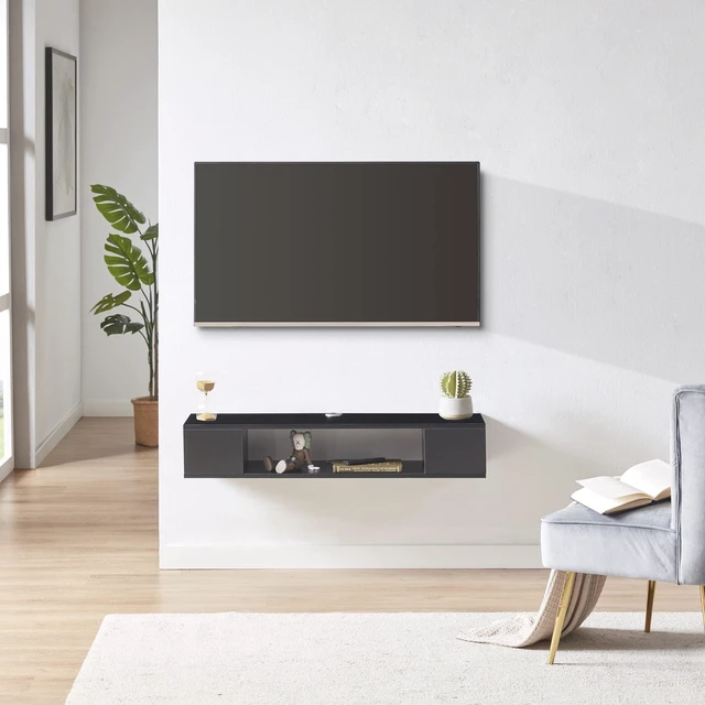 Alt view image 3 of 7 - Floating TV Stand, Wall Mounted Entertainment Center and Cabinet Shelf, TV Console with StorageMedia Console for DVD Player, Space-Saving Under TV Shelf for Bedroom, Living Room (Black)