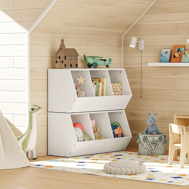 Alt view image 4 of 7 - Toy Storage Cubby, Kids Bookshelf, Stackable 3-Bin Toy Storage Cabinet, Bookcase Footboard, Children's Toy Shelf, Hallway, White WT30CW01