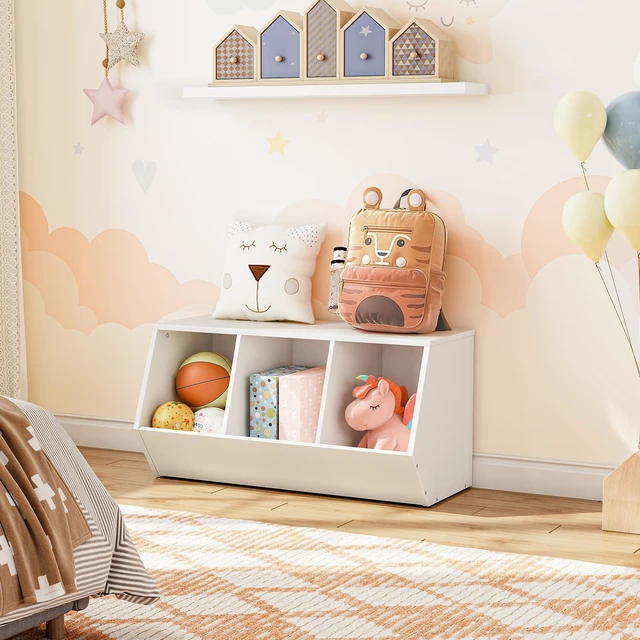 Alt view image 6 of 7 - Toy Storage Cubby, Kids Bookshelf, Stackable 3-Bin Toy Storage Cabinet, Bookcase Footboard, Children's Toy Shelf, Hallway, White WT30CW01