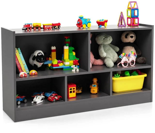Main image of Toy Storage Organizer for Kids, 5-Section School Classroom Storage for Organizing Books Toys, Wooden Kids Bookshelf Daycare Furniture for Preschool, Playroom, Nursery, Kindergarten (Dark Gray)
