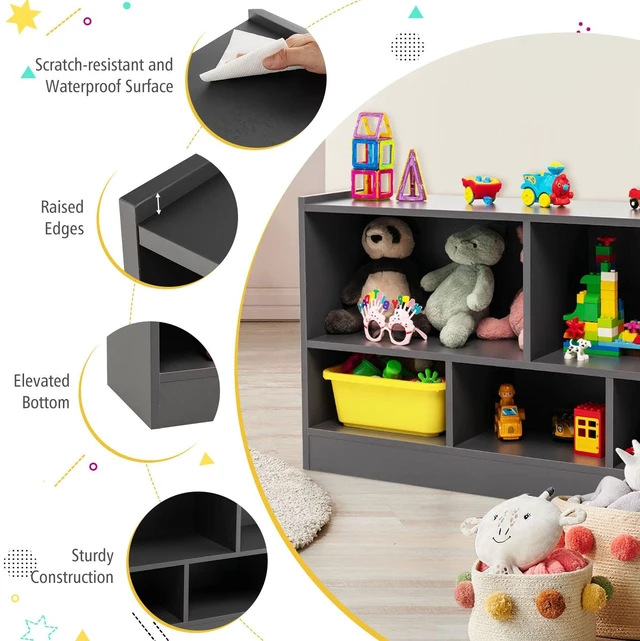 Alt view image 3 of 7 - Toy Storage Organizer for Kids, 5-Section School Classroom Storage for Organizing Books Toys, Wooden Kids Bookshelf Daycare Furniture for Preschool, Playroom, Nursery, Kindergarten (Dark Gray)