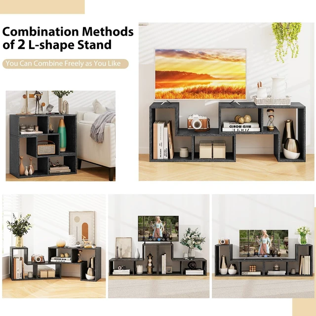 Alt view image 7 of 7 - 3 Pieces Console TV Stand, Free-Combination Entertainment Center for 50 55 60 65 Inch TV, Minimalist Modern TV Table Media Stand, DIY Open Storage Bookcase for Living Room (Black Wood Grain)