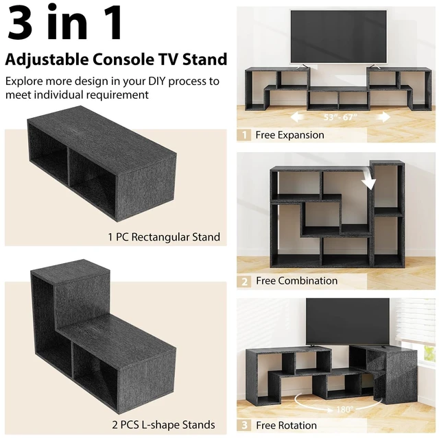 Alt view image 6 of 7 - 3 Pieces Console TV Stand, Free-Combination Entertainment Center for 50 55 60 65 Inch TV, Minimalist Modern TV Table Media Stand, DIY Open Storage Bookcase for Living Room (Black Wood Grain)