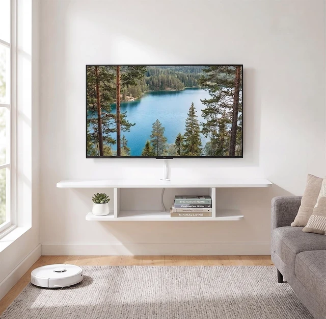 Main image of Floating TV Stand, Wall Mounted Entertainment Center and Cabinet Shelf, TV Console with Storage, Media Console for DVD Player, Space-Saving Under TV Shelf for Bedroom, Living Room (White)