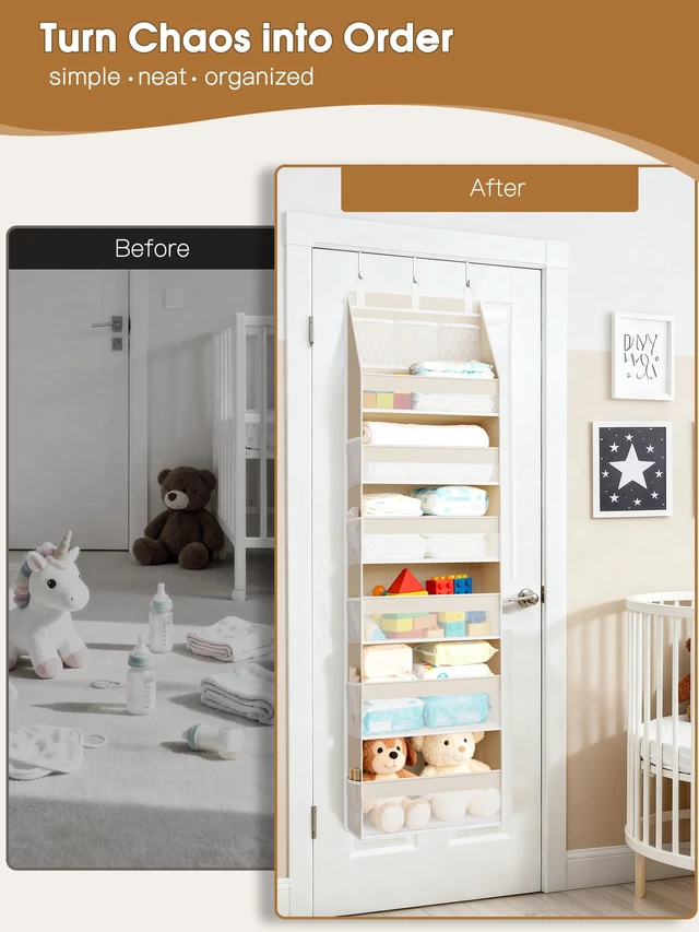 Alt view image 7 of 7 - 2 Pack Over the Door Organizer, 6-Shelf Closet Hanging Storage with 13 Mesh Pockets, 55lbs Capacity Behind the Door Storage for Baby Nursery, Bathroom, Bedroom, and Dorm, Beige