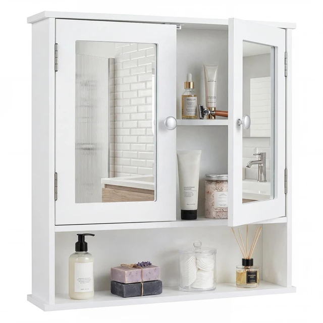 Main image of Bathroom Medicine Cabinet with Mirror, Wall Mounted Wooden Hanging Organizer with Doors and Shelves, Bathroom Wall Mirror Cabinet (Mirror Doors, White)