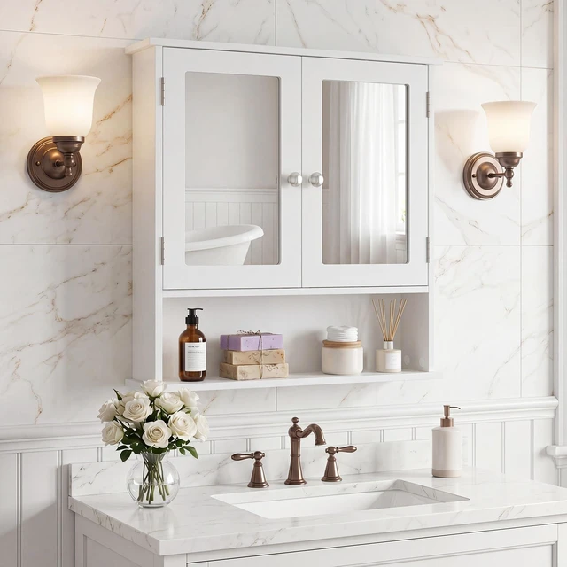 Alt view image 3 of 7 - Bathroom Medicine Cabinet with Mirror, Wall Mounted Wooden Hanging Organizer with Doors and Shelves, Bathroom Wall Mirror Cabinet (Mirror Doors, White)