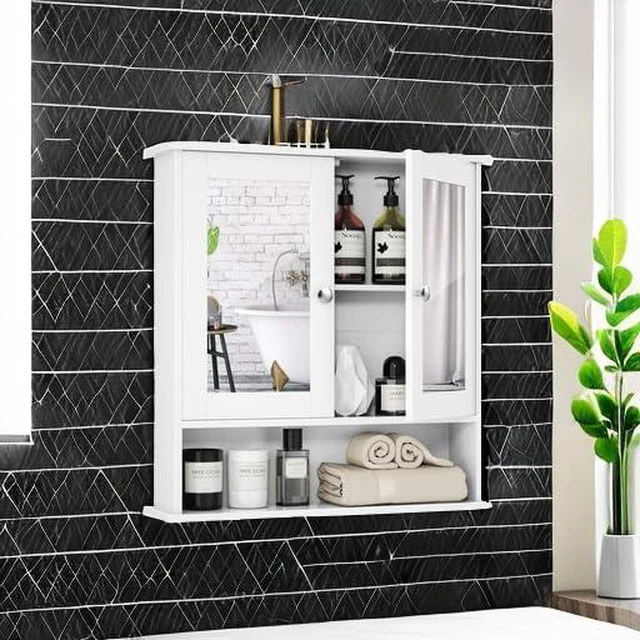 Alt view image 5 of 7 - Bathroom Medicine Cabinet with Mirror, Wall Mounted Wooden Hanging Organizer with Doors and Shelves, Bathroom Wall Mirror Cabinet (Mirror Doors, White)